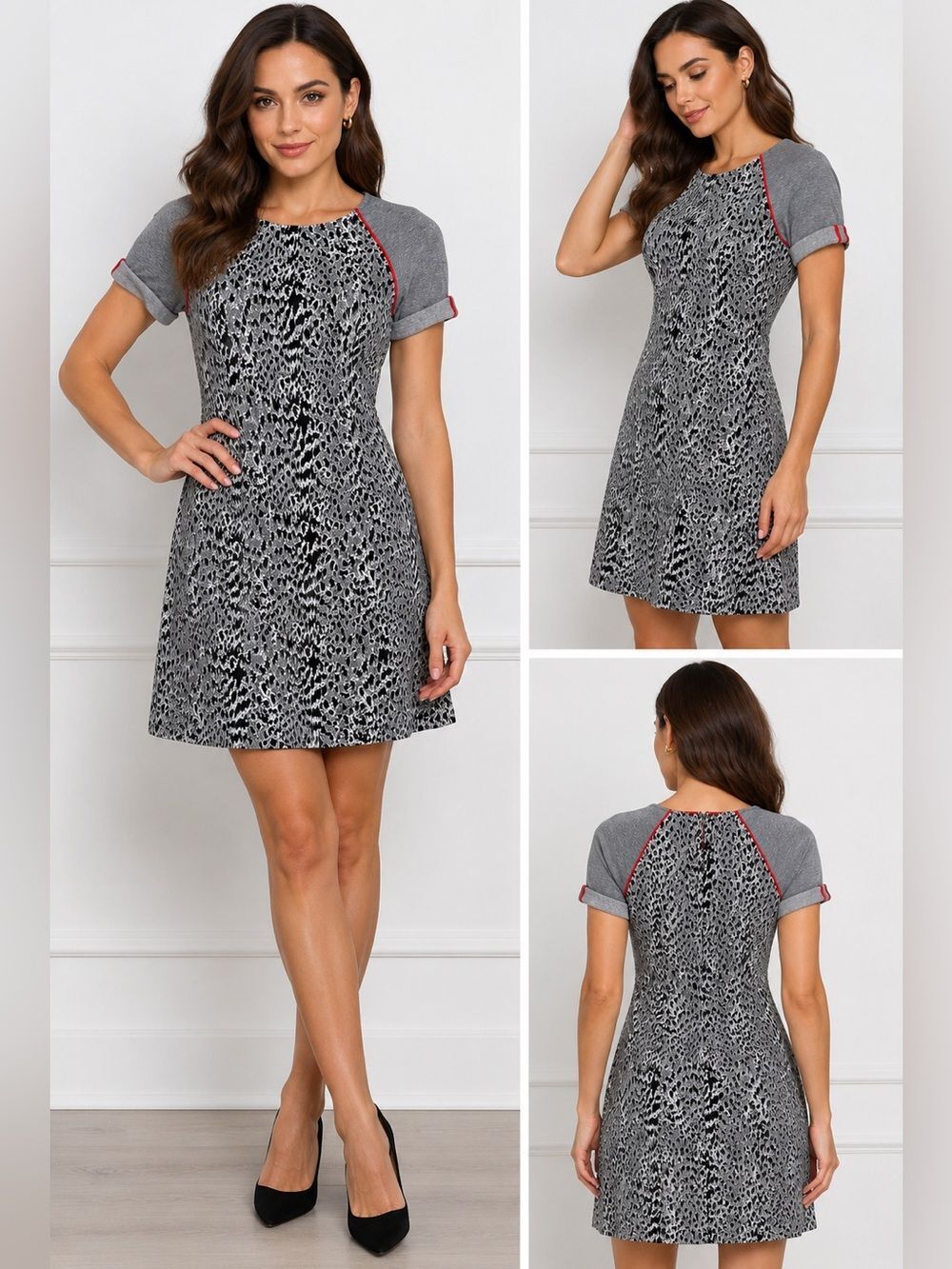 French Connection Animal Print Sheath Dress Gray Red Trim Short Sleeve US 2